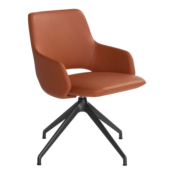 Brown leather swivel chair with a sleek black metal base, designed for modern decor.