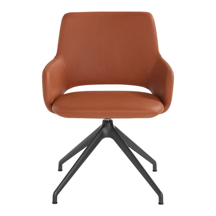 Brown leather chair with smooth upholstery and a sleek black metal base, featuring a modern, minimalist design.