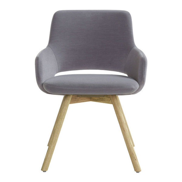 Gray fabric chair with smooth, minimalist design and light wood legs. Perfect for modern home decor.