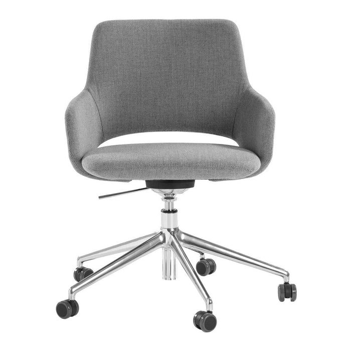 Contemporary gray office chair with a soft fabric finish and sleek chrome base, featuring curved armrests and a modern design.