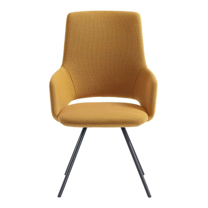 Modern mustard yellow chair with a textured fabric and sleek black metal legs, perfect for any stylish interior.