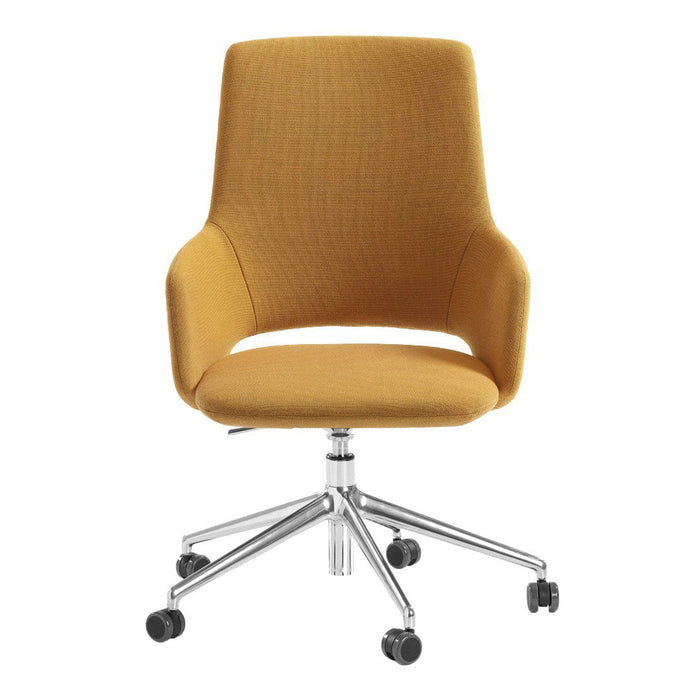 Stylish mustard yellow office chair with a smooth fabric texture and sleek chrome base, perfect for modern decor.
