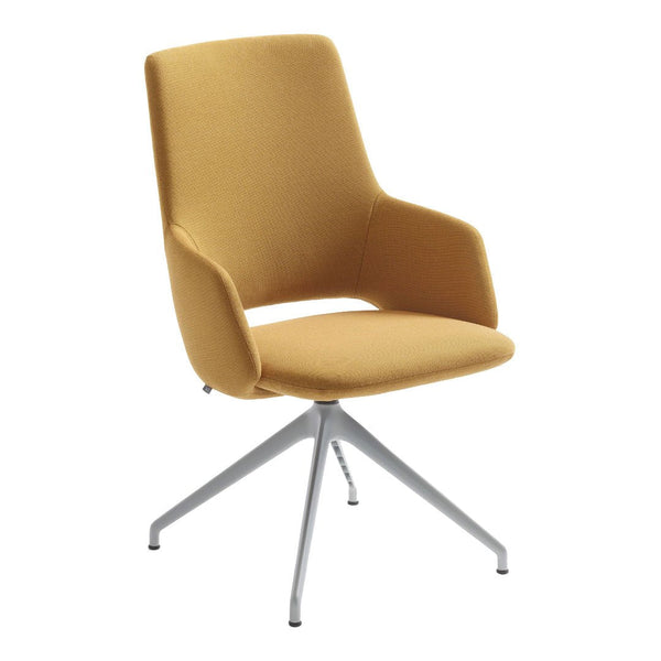 Modern swivel chair in a vibrant mustard yellow fabric with a sleek silver base. Perfect for contemporary spaces.