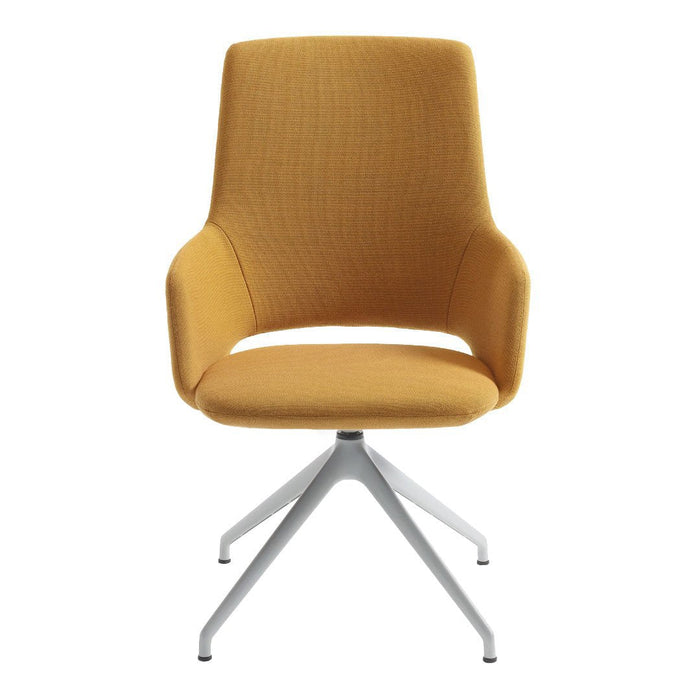 Stylish mustard-yellow chair with a streamlined design and subtle textured pattern on a white metal base.