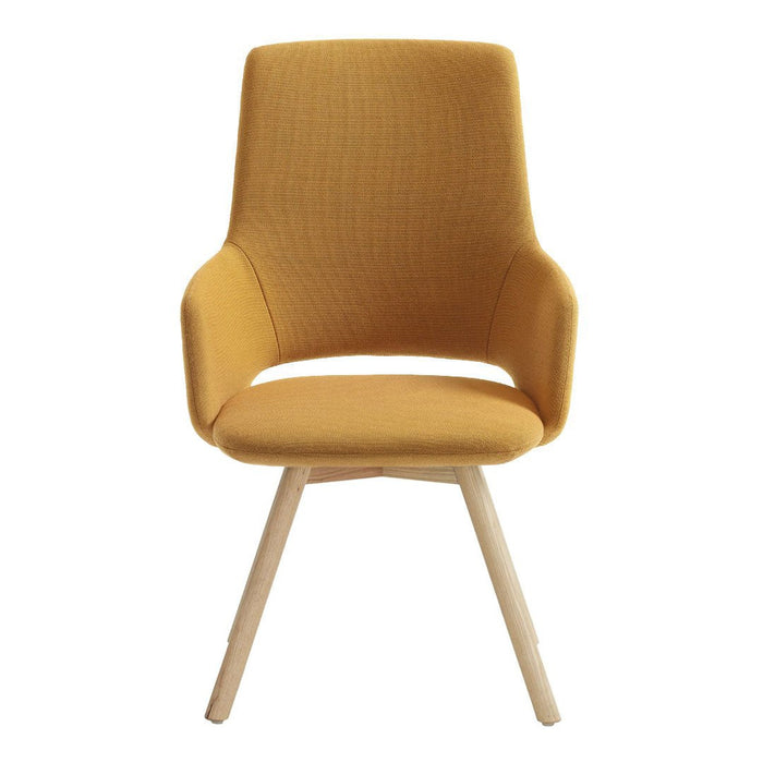 Stylish mustard yellow chair with a textured finish and natural wooden legs, perfect for modern decor.
