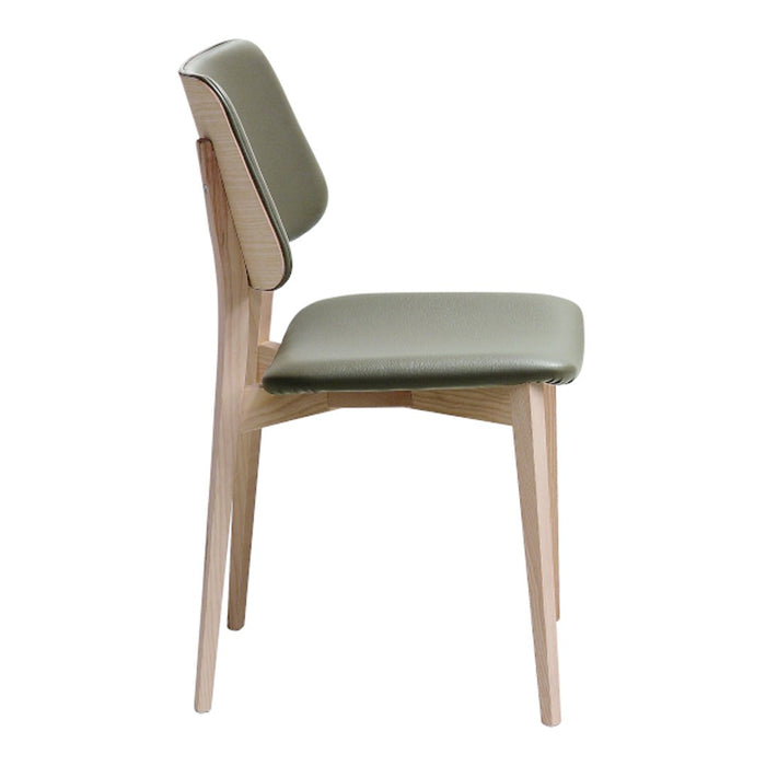 Green upholstered chair with a smooth, minimalist design and light wooden legs, offering a modern, neutral aesthetic.