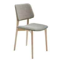 Gray upholstered chair with a smooth fabric finish and light wooden legs, featuring a minimalist design.