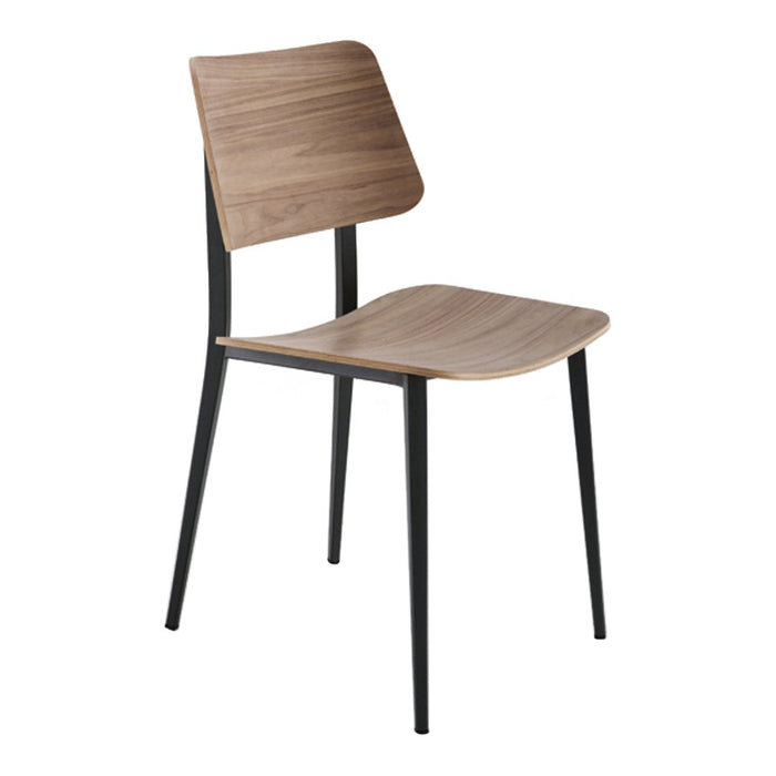 Modern chair with a natural wood finish and sleek black metal legs, showcasing a minimalist design.
