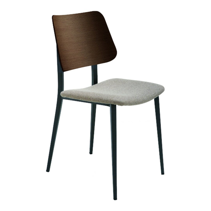 Modern chair featuring a dark wood backrest and light gray upholstered seat, complemented by sleek black legs.