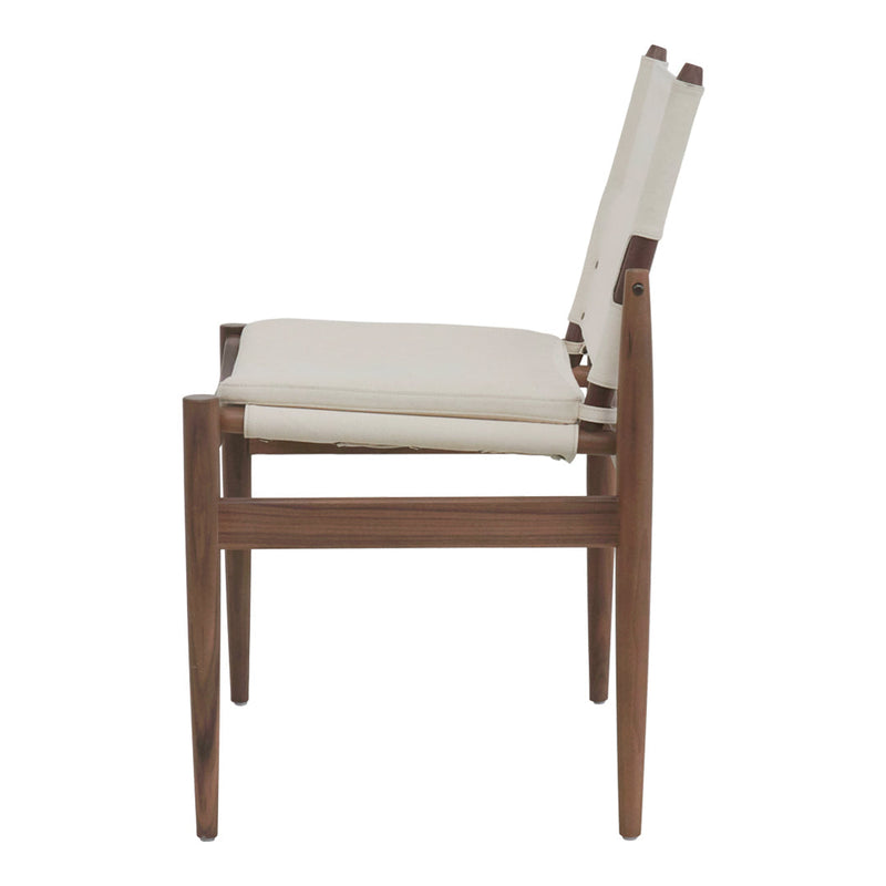 "Light beige cushioned chair with a dark walnut wood frame, showcasing a clean, modern design."