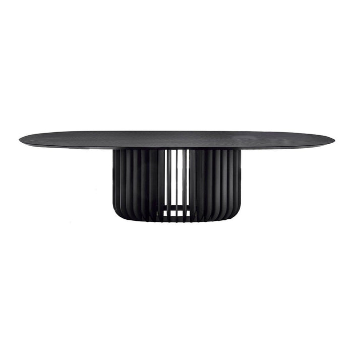 Sleek black oval table with ribbed base, offering a modern and minimalist design for contemporary decor.
