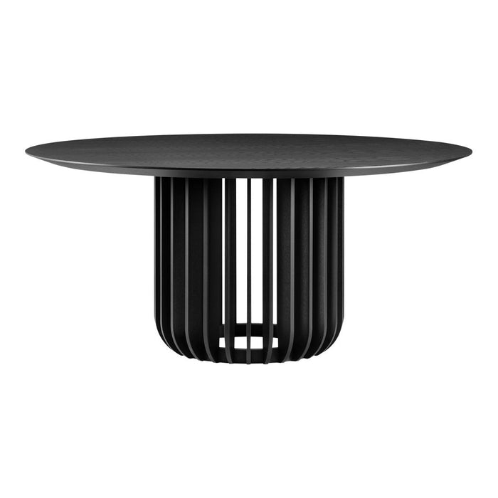 Black round table with a sleek cylindrical base featuring vertical slats, perfect for modern decor.