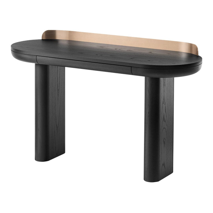 Sleek black wooden console table with a smooth, curved design and a chic copper accent. Perfect for modern interiors.