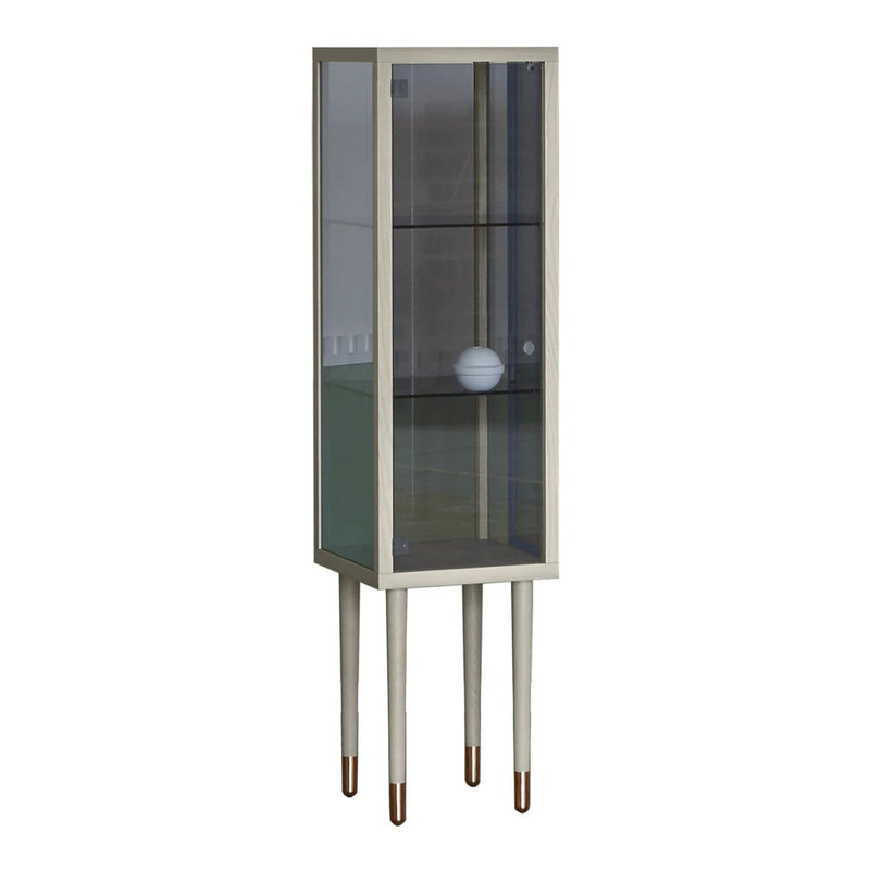 Sleek glass display cabinet with a silver frame and copper-tipped legs, featuring a minimalist design.