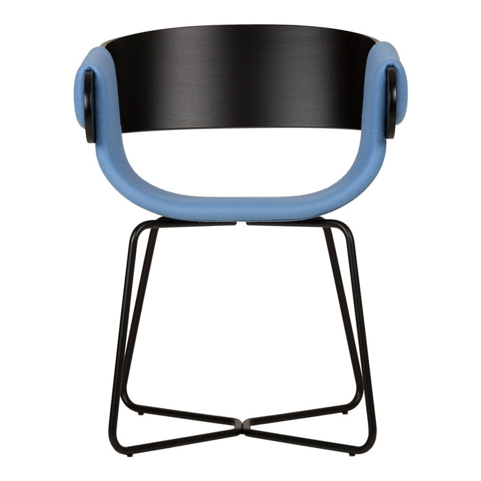 Blue and black modern chair with a sleek design and contrasting colors. Unique curved backrest and minimalistic frame.
