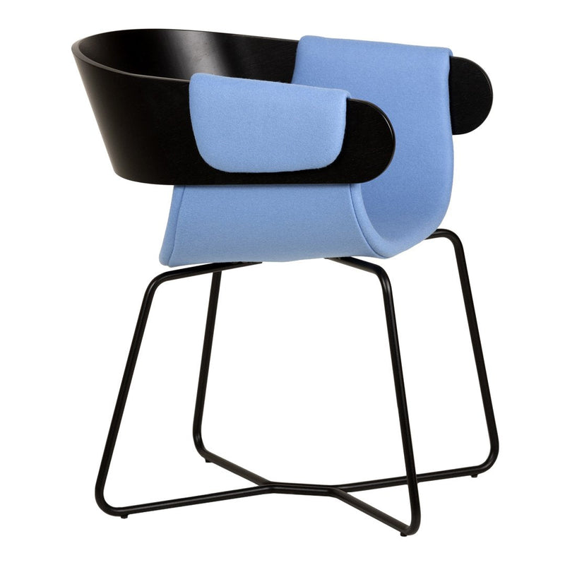 Modern chair featuring a black and light blue color scheme with a sleek design and minimalistic pattern.