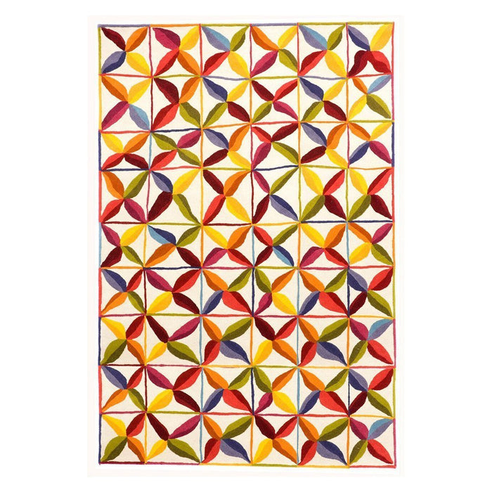 Colorful geometric quilt featuring vibrant triangles in red, yellow, purple, and blue against a cream background.