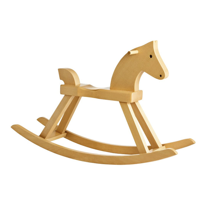 Natural wood rocking horse with a smooth finish and minimalist design. Simple, classic style in light beige hues.
