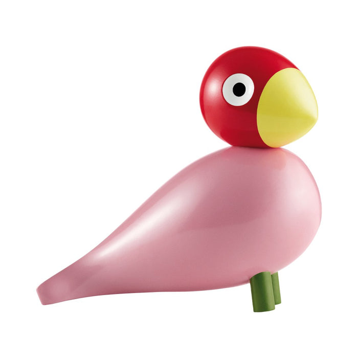 Colorful bird figurine featuring a red head, yellow beak, and smooth pink body with a green base. Fun, playful design.