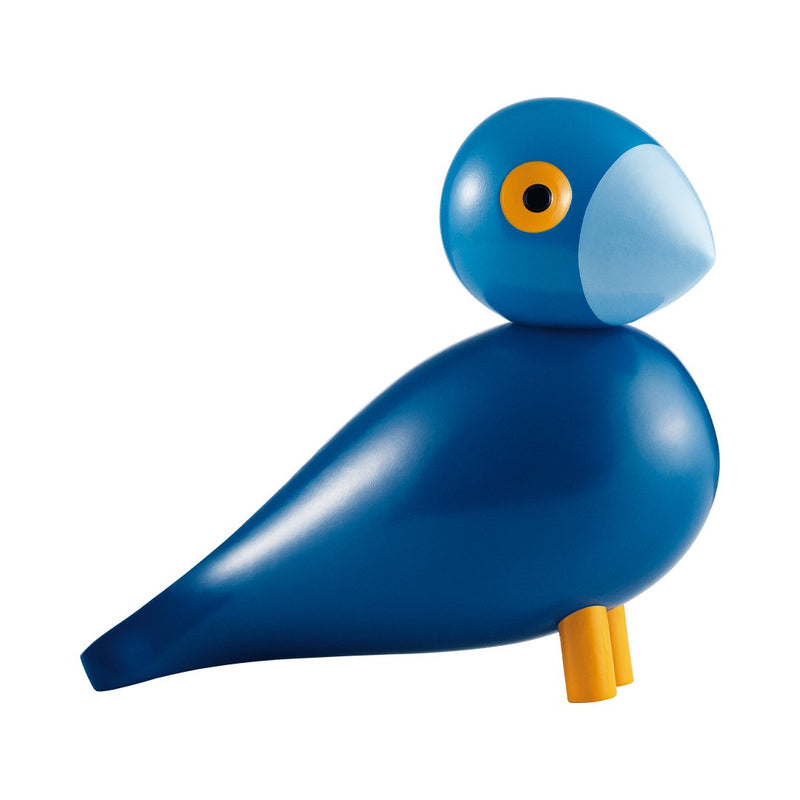 Blue bird figurine with a light blue beak and yellow eye, featuring a smooth, glossy finish and simple, modern design.