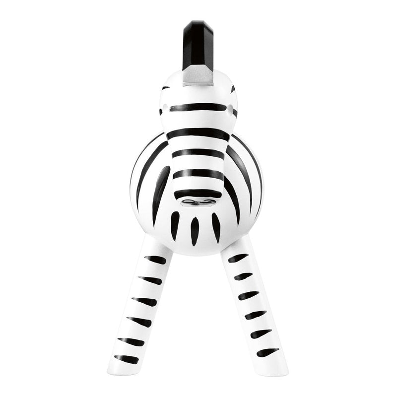 Black and white striped zebra toy with round body and sturdy legs, perfect for playful decor.
