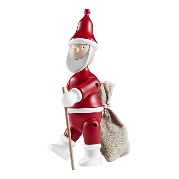 "Red and white Santa figurine with a beige bag, features a playful, modern design."
