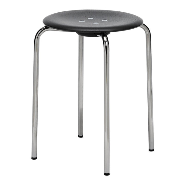 Gray round stool with a smooth surface and four sleek chrome legs, featuring a minimalist design and no visible patterns.