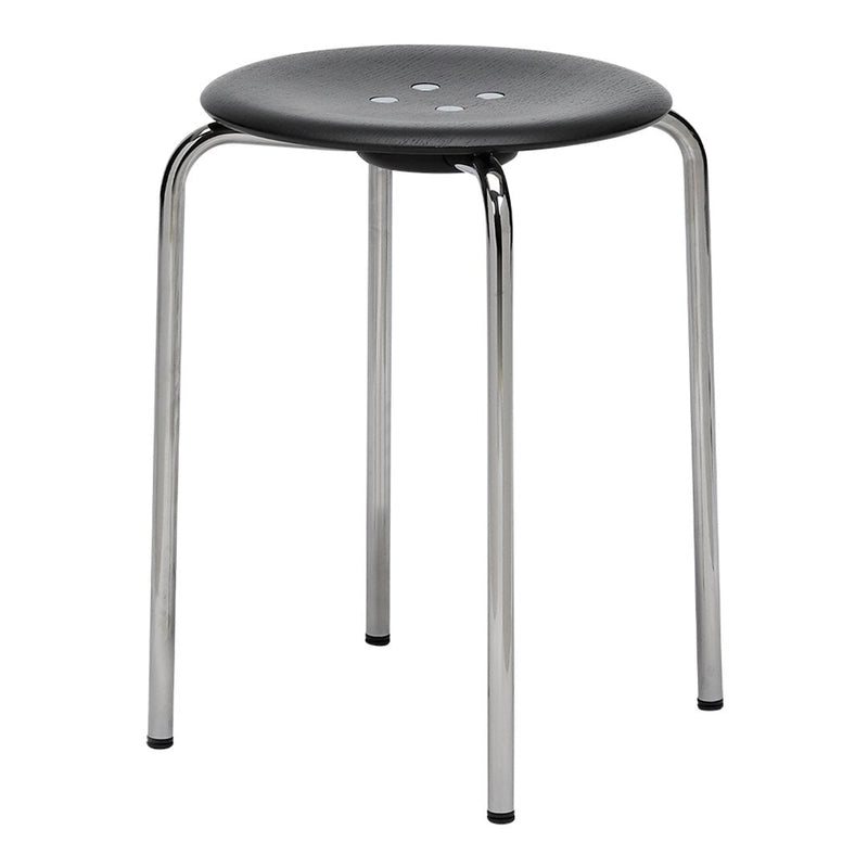 Gray round stool with a smooth surface and four sleek chrome legs, featuring a minimalist design and no visible patterns.