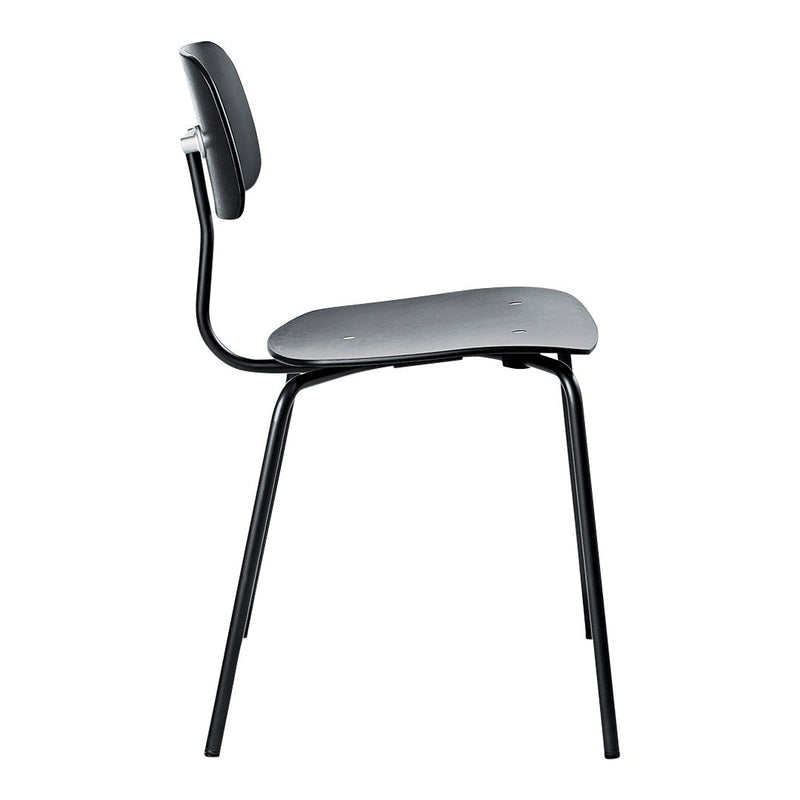 Side view of a sleek gray chair with a smooth seat and backrest, complemented by a minimalist black metal frame.