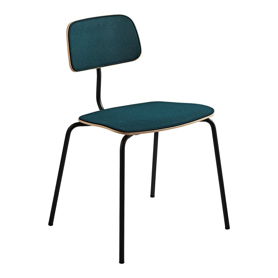 Teal upholstered chair with a sleek black metal frame and minimalist design, perfect for modern interiors.