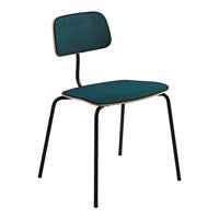 Teal upholstered chair with a sleek black metal frame and minimalist design, perfect for modern interiors.