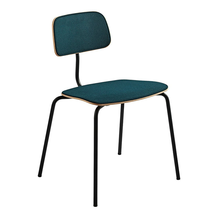 Teal upholstered chair with a sleek black metal frame and minimalist design, perfect for modern interiors.