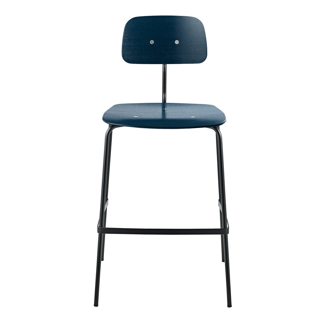 Blue modern bar stool with a sleek black metal frame and minimalist design, perfect for contemporary decor.