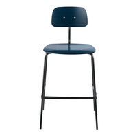 Blue modern bar stool with a sleek black metal frame and minimalist design, perfect for contemporary decor.