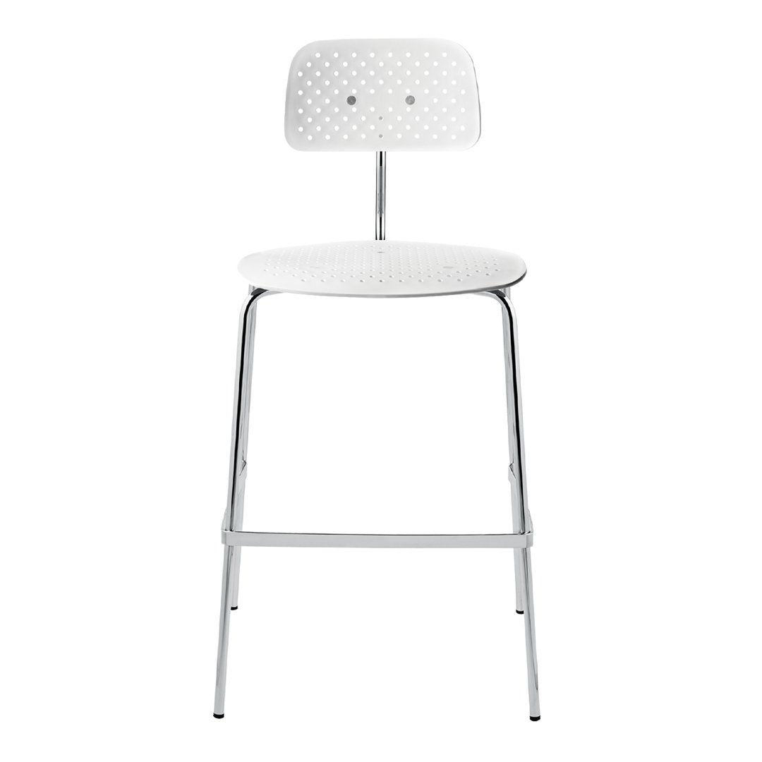 White perforated metal stool with a sleek chrome frame, featuring a minimalist design and modern aesthetic.