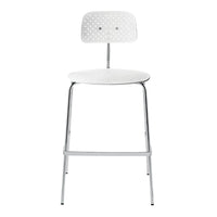 White perforated metal stool with a sleek chrome frame, featuring a minimalist design and modern aesthetic.