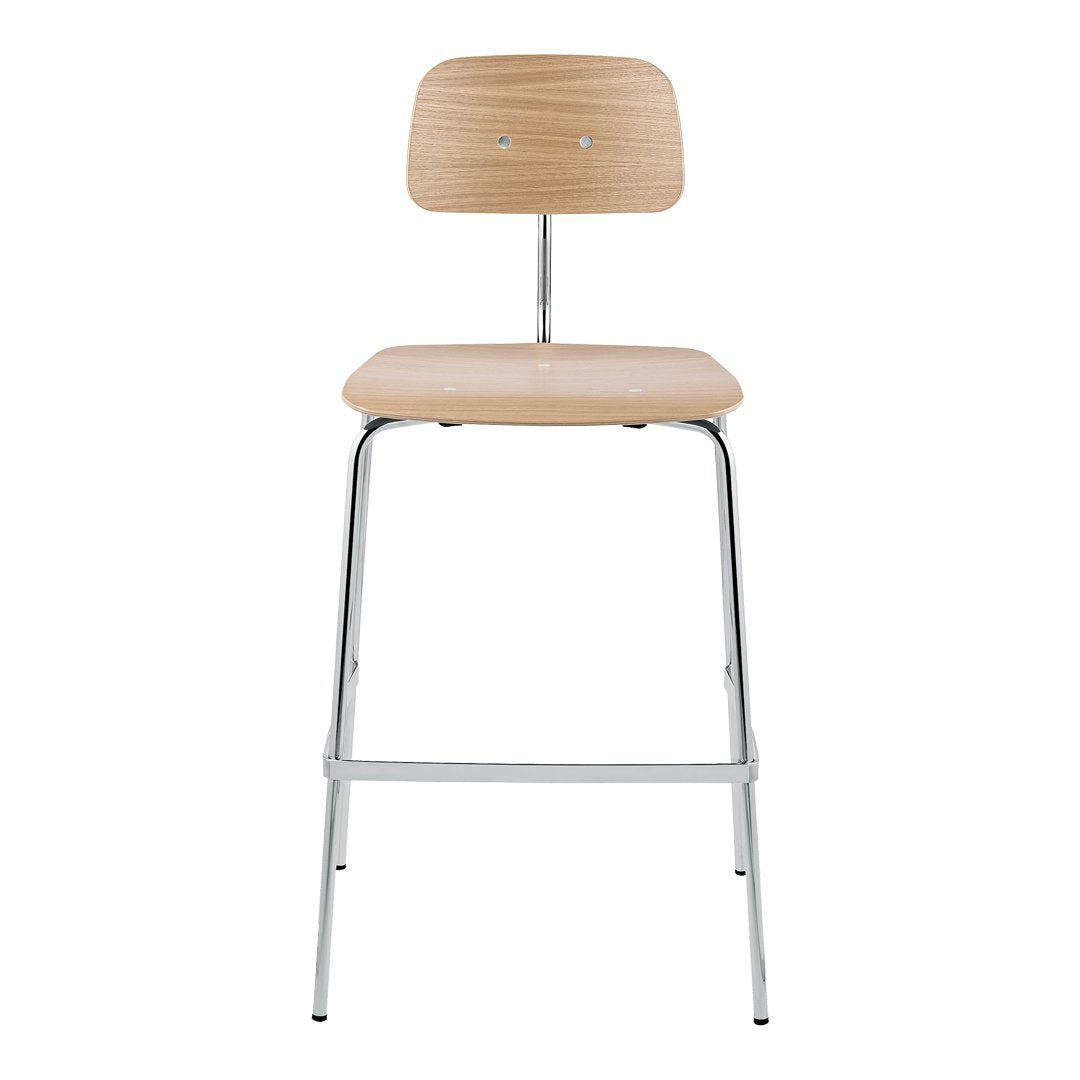 Light wood bar stool with a smooth finish, featuring a minimalist design and a sleek chrome frame.