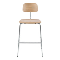 Light wood bar stool with a smooth finish, featuring a minimalist design and a sleek chrome frame.