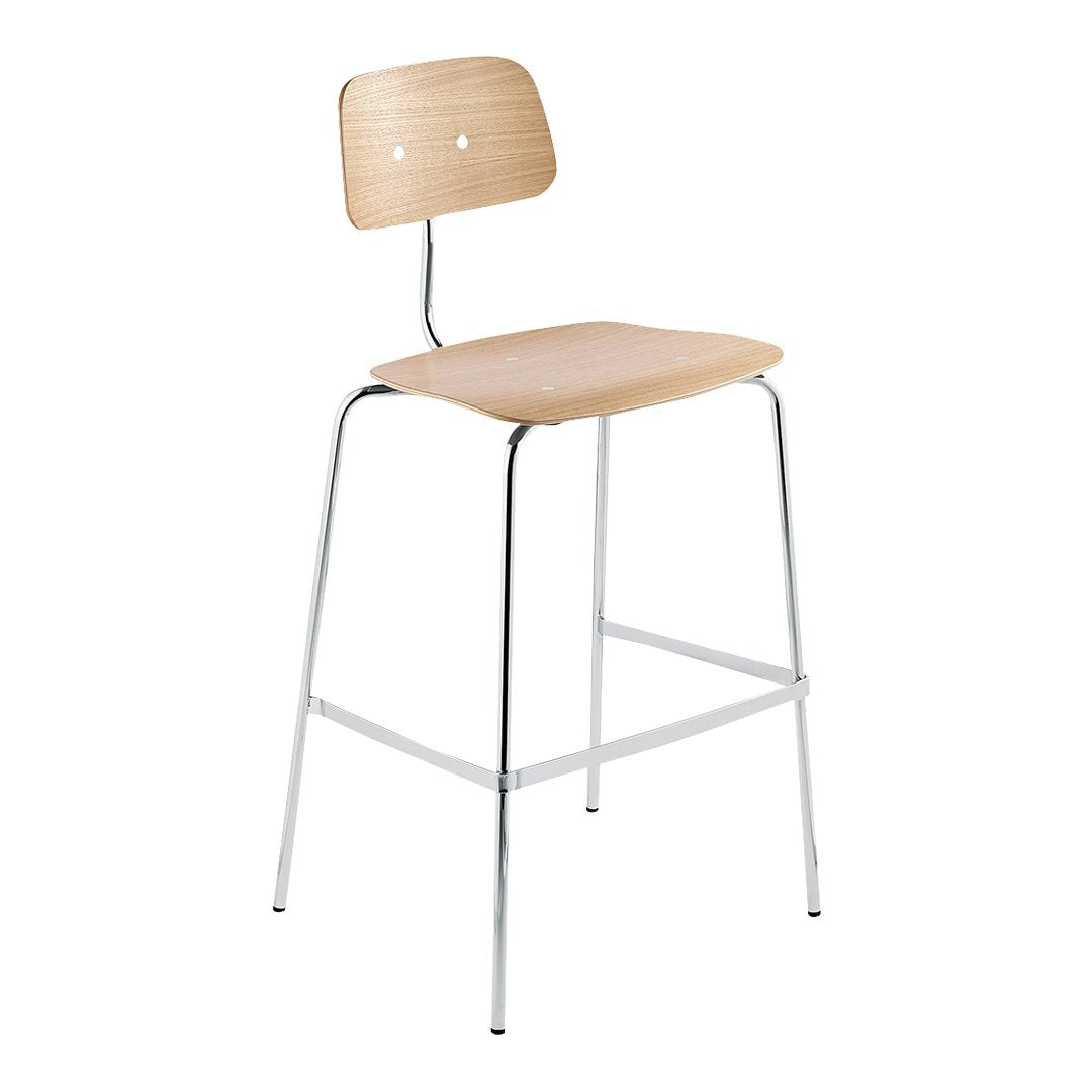 Natural wood bar stool with a light finish and sleek chrome legs, featuring a minimalist design.