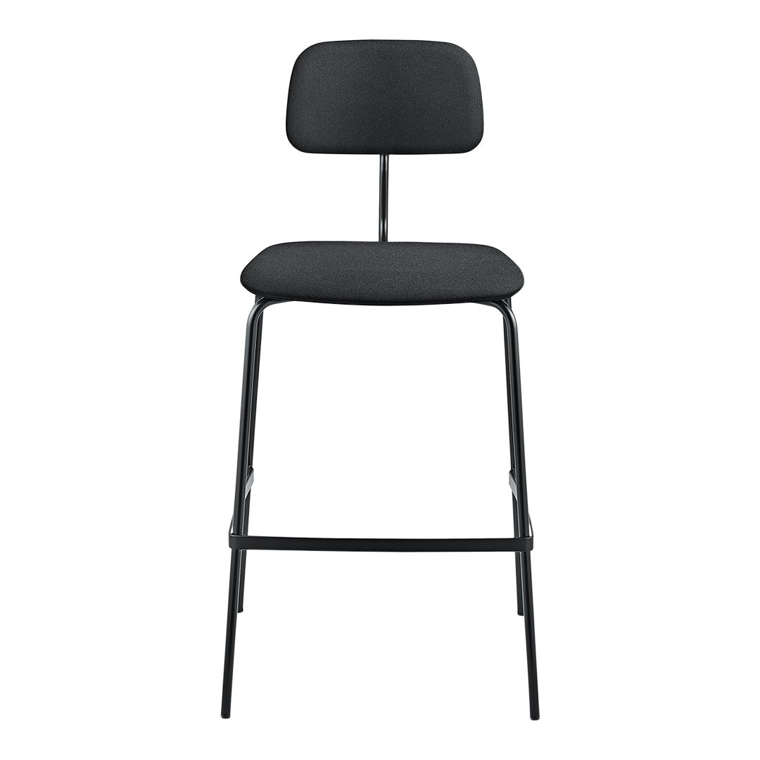Sleek black high chair with a minimalist design and soft upholstery, featuring clean lines and a modern aesthetic.