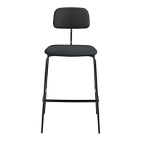 Sleek black high chair with a minimalist design and soft upholstery, featuring clean lines and a modern aesthetic.