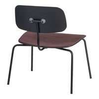 Black chair with a curved backrest and rich brown seat, featuring a sleek metal frame. Minimalist design with modern appeal.