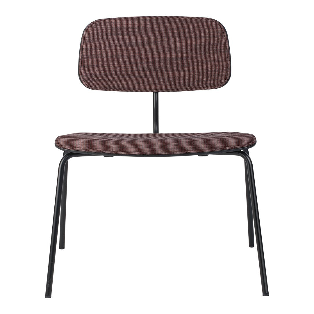 Brown wooden chair with a smooth finish and sleek black metal legs, featuring a minimalist design.