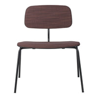 Brown wooden chair with a smooth finish and sleek black metal legs, featuring a minimalist design.