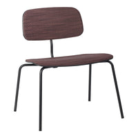 Modern chair in deep brown wood pattern with sleek black metal legs, offering a minimalist and stylish look.