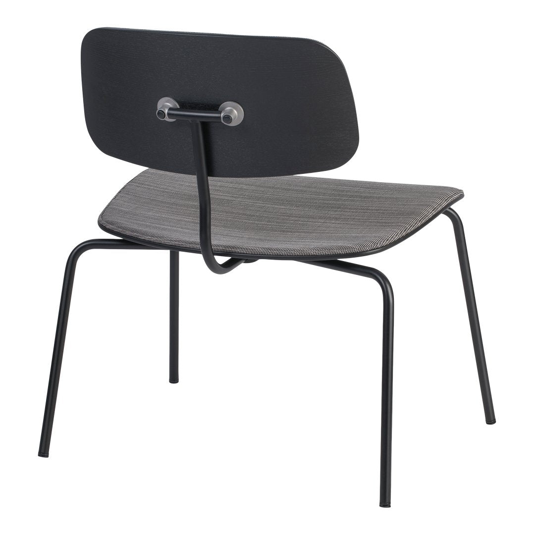 Black chair with a curved backrest and rich brown seat, featuring a sleek metal frame. Minimalist design with modern appeal.