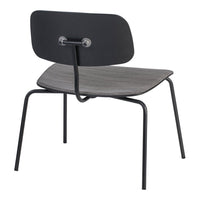 Black chair with a curved backrest and rich brown seat, featuring a sleek metal frame. Minimalist design with modern appeal.