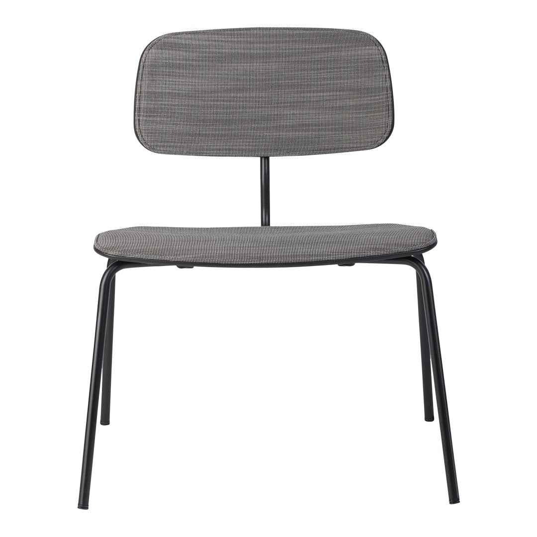 Brown wooden chair with a smooth finish and sleek black metal legs, featuring a minimalist design.