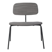 Brown wooden chair with a smooth finish and sleek black metal legs, featuring a minimalist design.