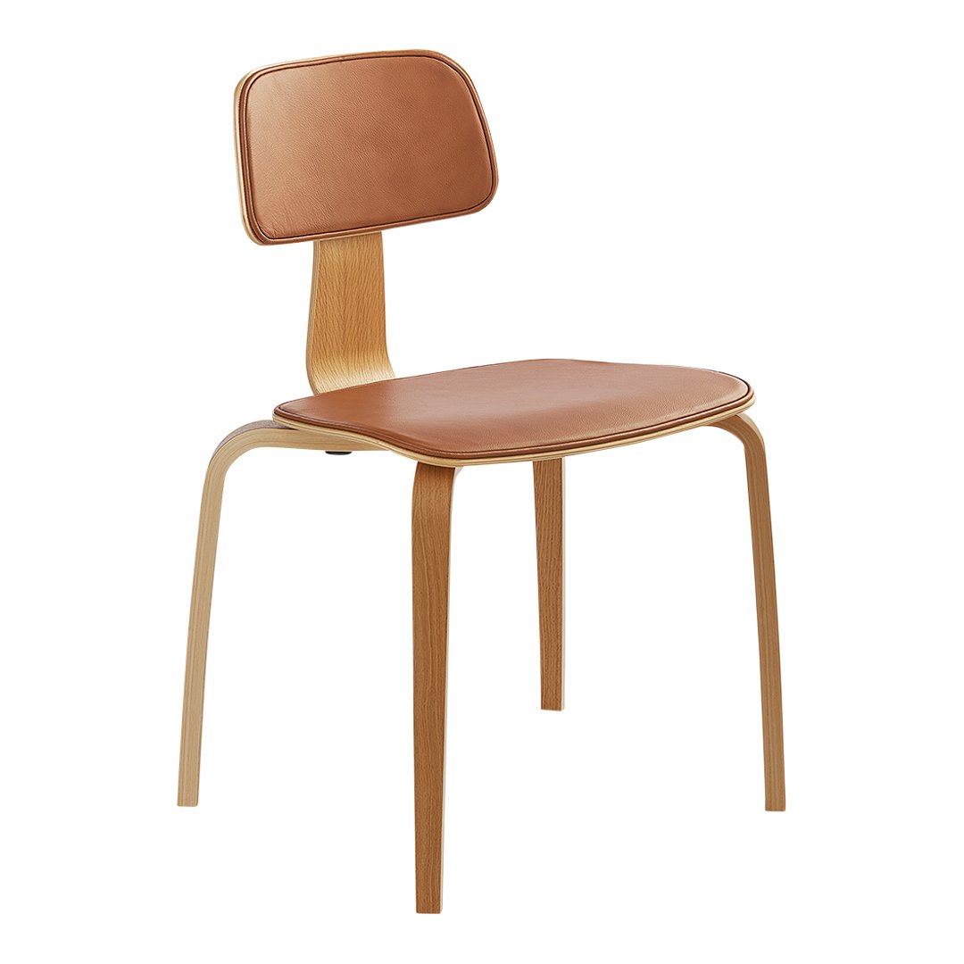 Brown leather chair with a smooth wood frame and minimalist design, featuring warm, natural tones.